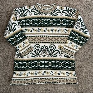 Vintage 80s TRIMMINGS Sweater Womens S-M Green/Silver Paisley Tight Knit US Made